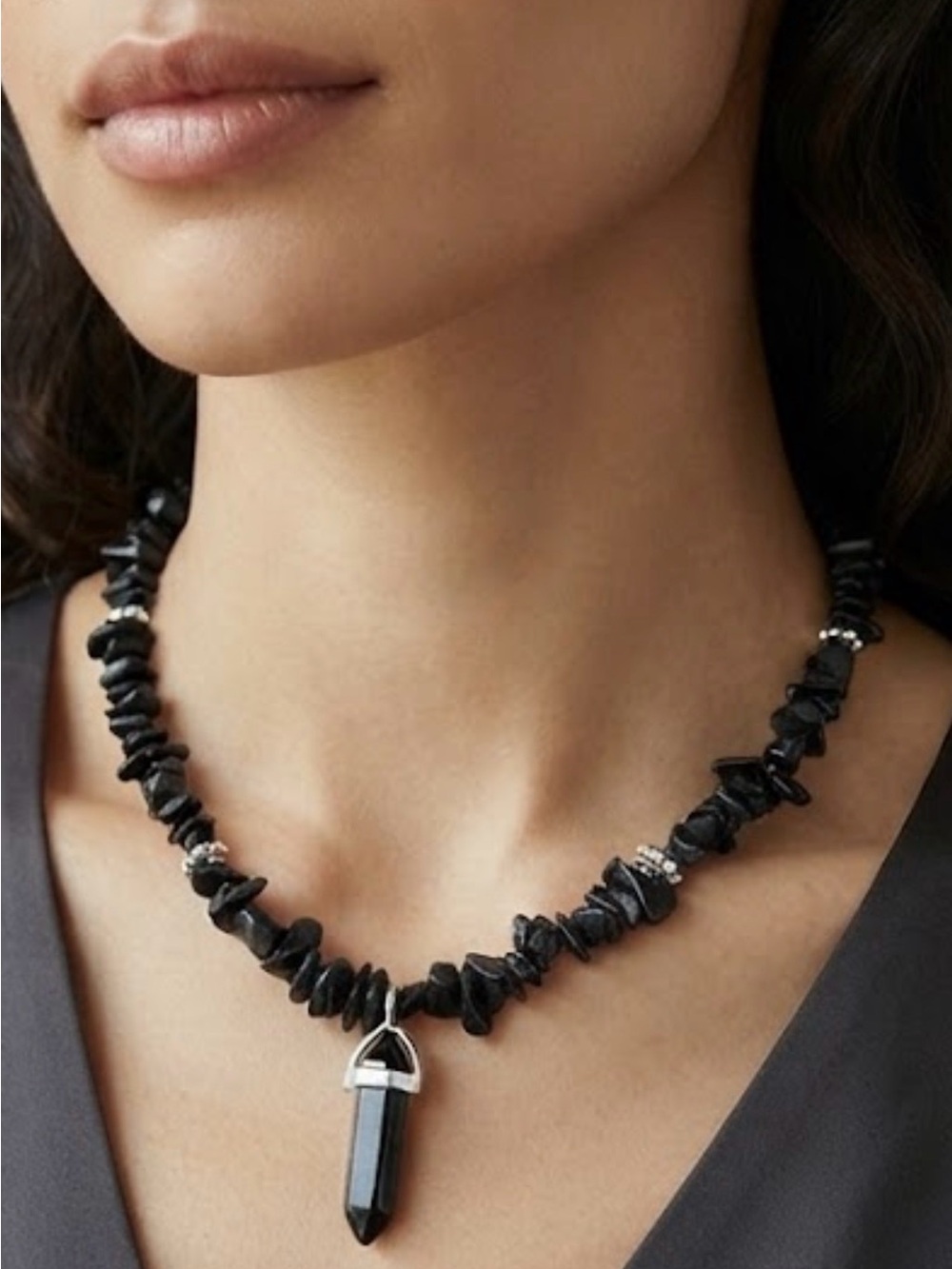 Black Jasper Beaded Necklace with Black Pendant